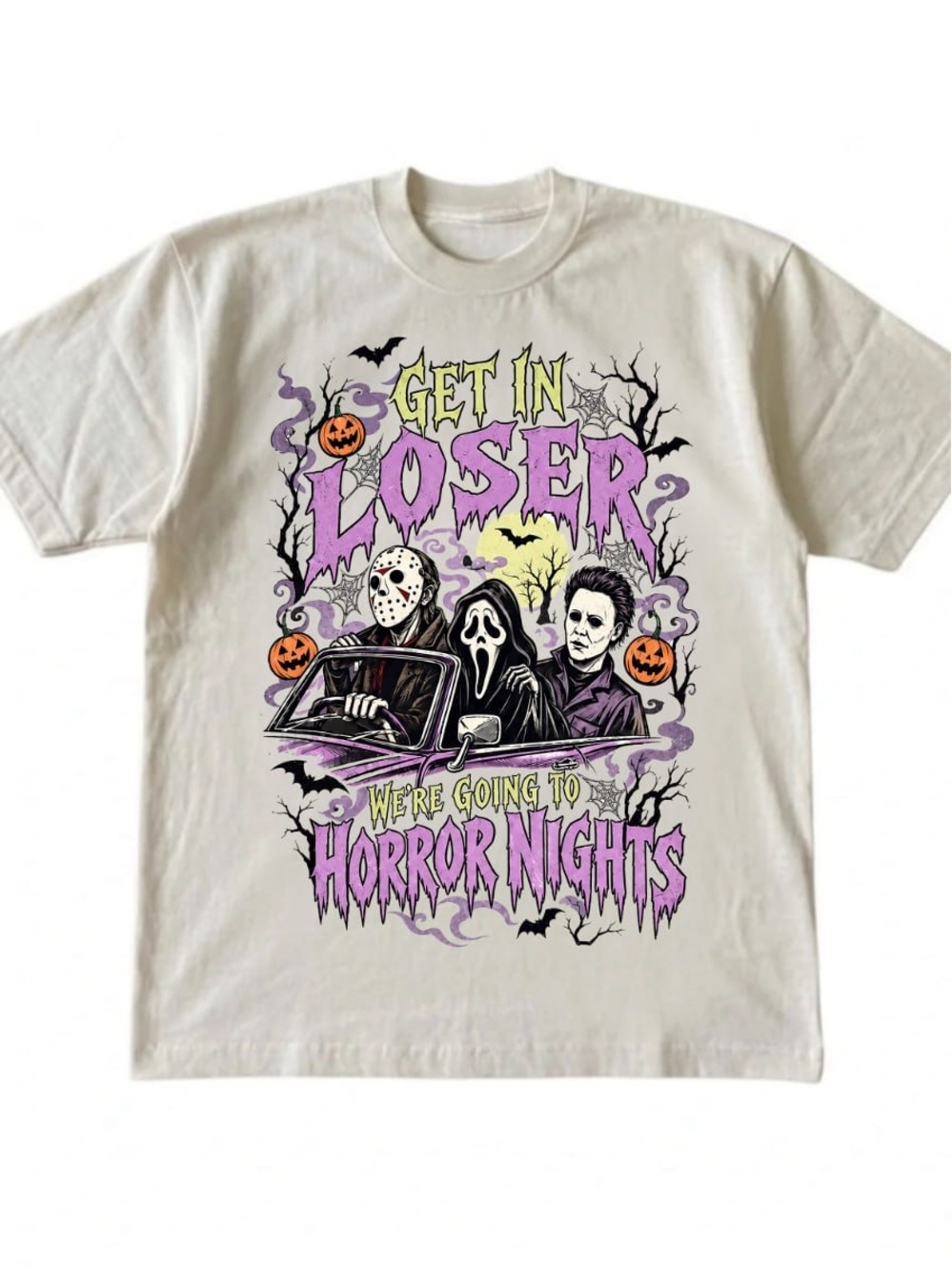 Cream Tee with Purple & Black Horror Nights Graphic